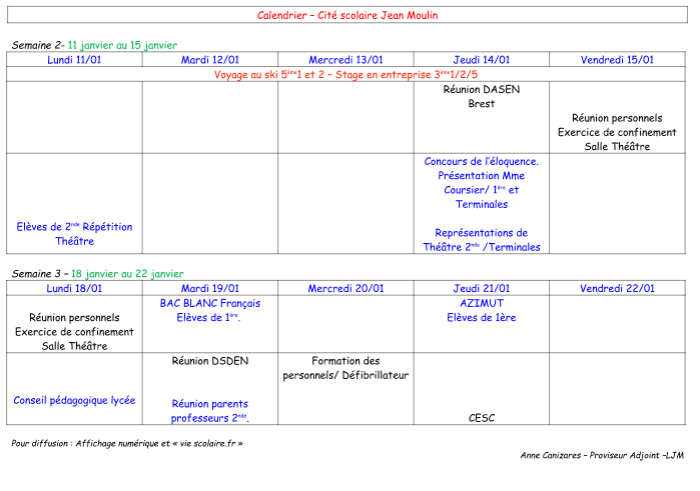 calendriers semaines 2 et 3