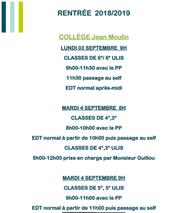 Organisation de la rentrée 2018 – Cité Scolaire Jean Moulin