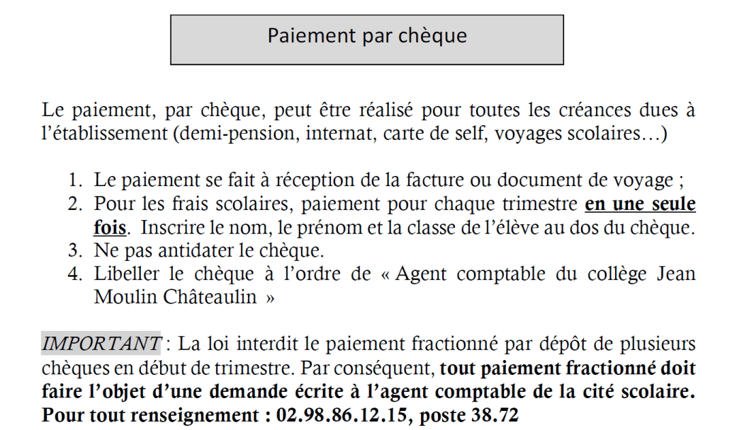 chèques collège