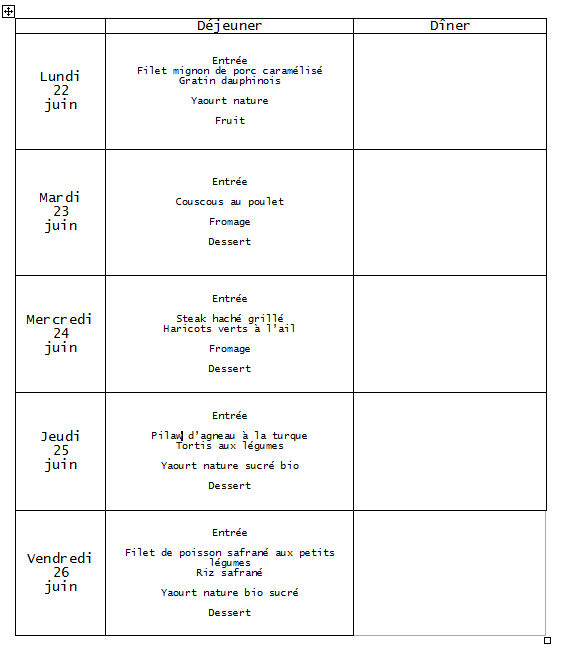 menu du22 au 26 juin