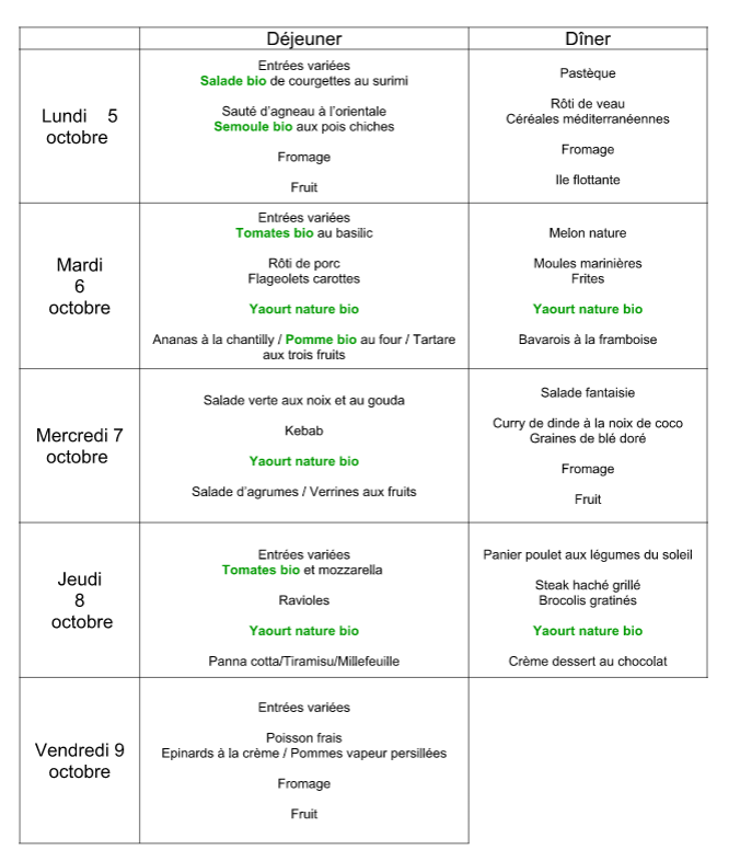 menu du 5 au 9 octobre