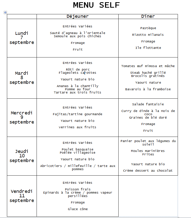 menu du 7 septembre au 11 septembre