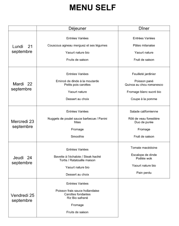 menu du 21 au 25 septembre