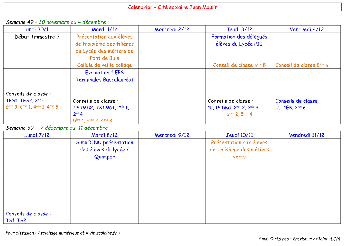 calendriers semaines 49 et 50